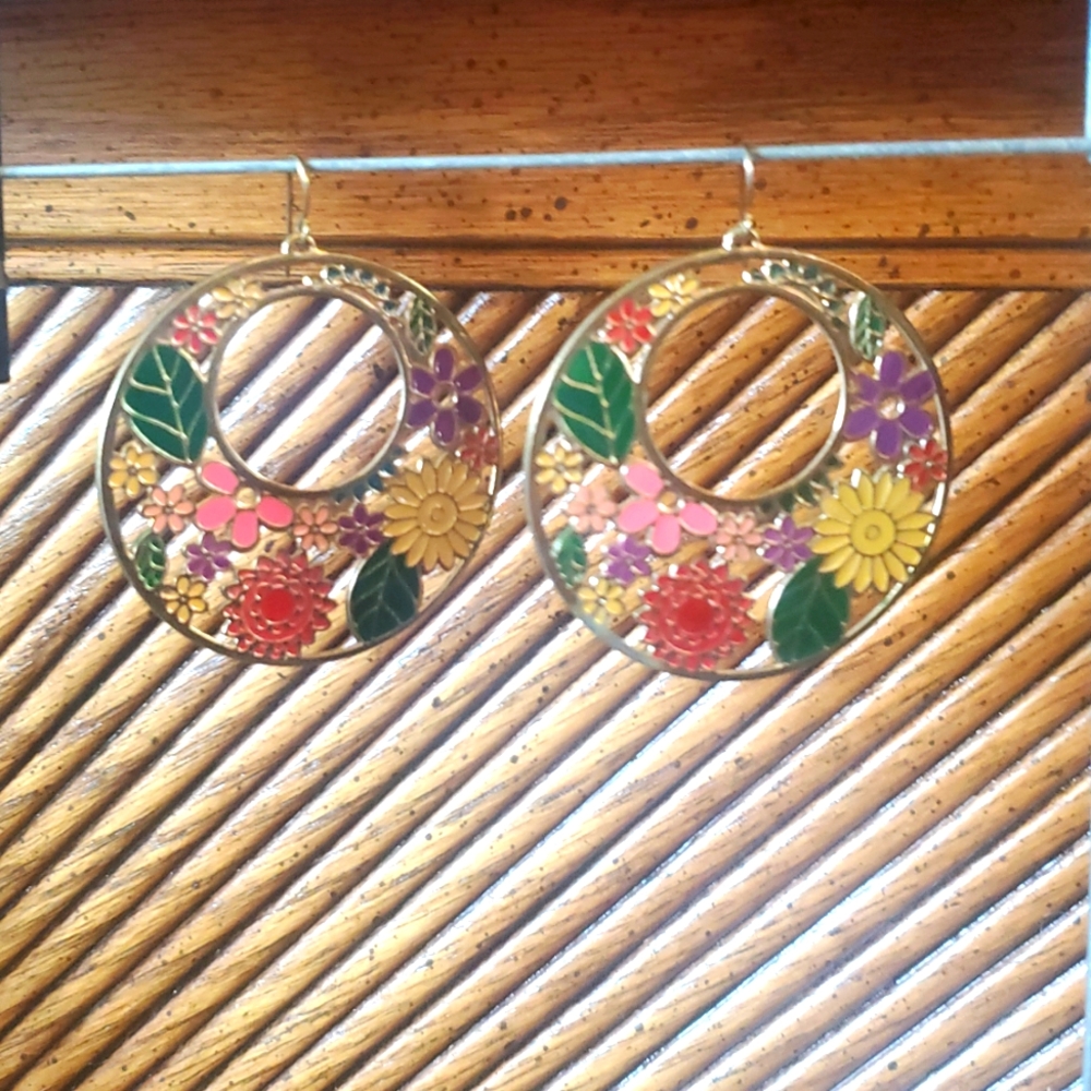 vintage 70's style flower power large dangle earrings with colorful enamel metal